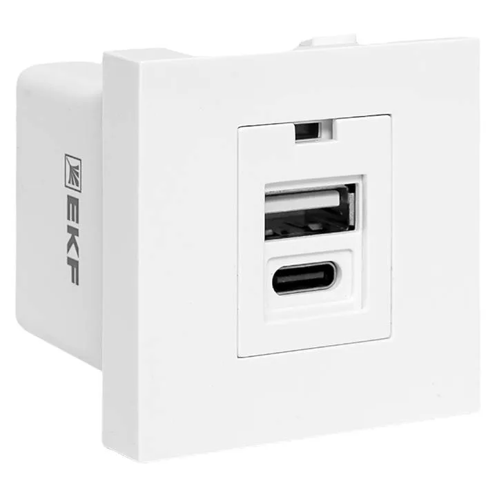 Розетка USB A+C, 2.1А, 2 гнезда, без индикатора, белая EKF Розетка USB A+C, 2.1А, 2 гнезда, без индикатора, белая EKF