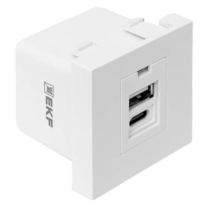 Розетка USB A+C, 2.1А, 2 гнезда, без индикатора, белая EKF Розетка USB A+C, 2.1А, 2 гнезда, без индикатора, белая EKF