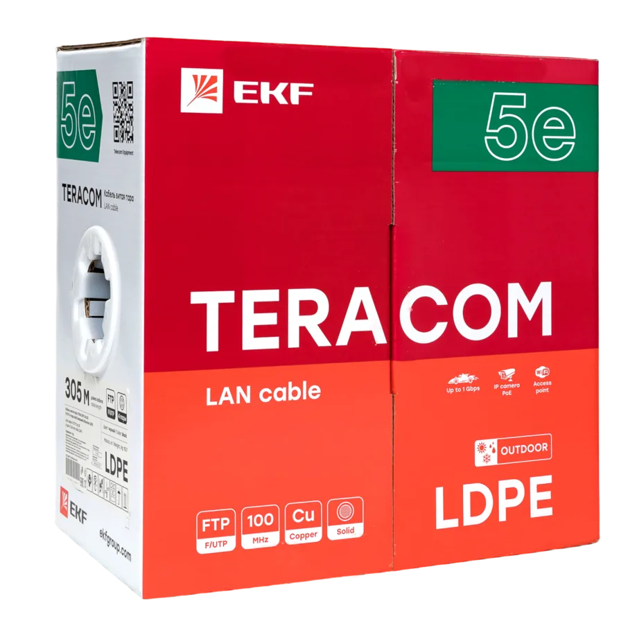 Кабель витая пара TERACOM Cat.5E F/UTP 4 пары solid внешний оболочка LDPE цвет черный (упак. 305м) Кабель витая пара TERACOM Cat.5E F/UTP 4 пары solid внешний оболочка LDPE цвет черный (упак. 305м)