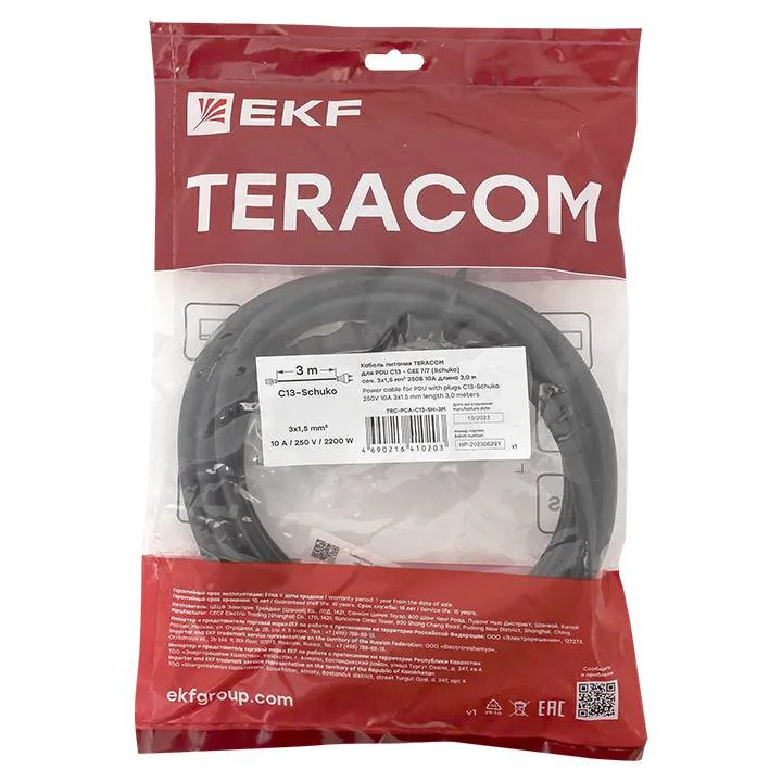 Кабель питания TERACOM для PDU IEC 60320 C13 - CEE 7/7 (Schuko) сечение 3x1,5мм2 250В 10A длина 3,0 метра Кабель питания TERACOM для PDU IEC 60320 C13 - CEE 7/7 (Schuko) сечение 3x1,5мм2 250В 10A длина 3,0 метра
