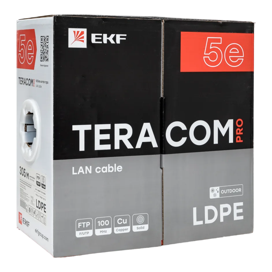 Кабель витая пара TERACOM PRO Cat.5E F/UTP 4 пары solid внешний 24AWG оболочка LDPE цвет черный (упак. 305м) Кабель витая пара TERACOM PRO Cat.5E F/UTP 4 пары solid внешний 24AWG оболочка LDPE цвет черный (упак. 305м)