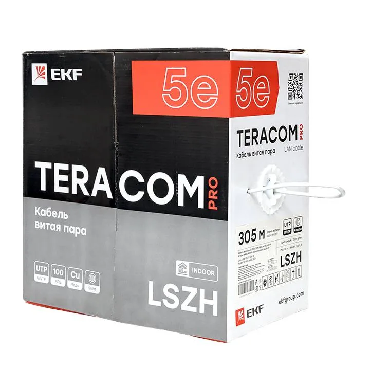 Кабель витая пара TERACOM PRO Cat.5E U/UTP 4 пары solid 24AWG оболочка LSZH нг(А)-HF цвет серый (упак. 305м) Кабель витая пара TERACOM PRO Cat.5E U/UTP 4 пары solid 24AWG оболочка LSZH нг(А)-HF цвет серый (упак. 305м)