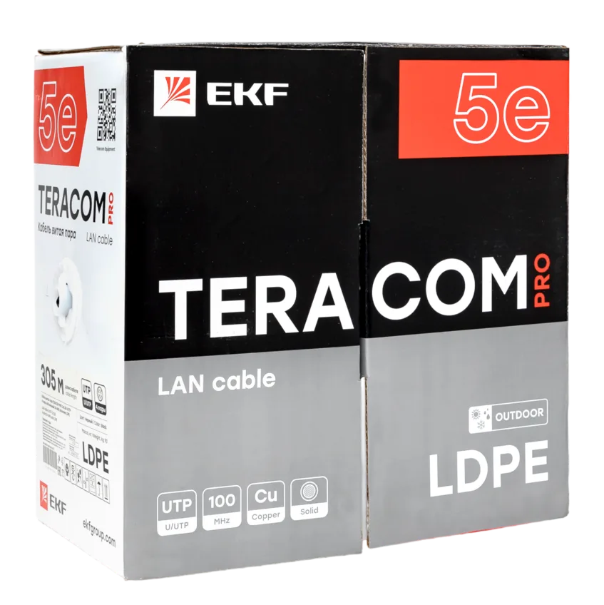 Кабель витая пара TERACOM PRO Cat.5E U/UTP 4 пары solid внешний 24AWG оболочка LDPE цвет черный (упак. 305м) Кабель витая пара TERACOM PRO Cat.5E U/UTP 4 пары solid внешний 24AWG оболочка LDPE цвет черный (упак. 305м)