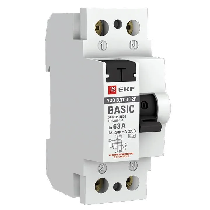 Устройство защитного отключения УЗО ВДТ-40 2P 63А/300мА (электронное) EKF Basic Устройство защитного отключения УЗО ВДТ-40 2P 63А/300мА (электронное) EKF Basic