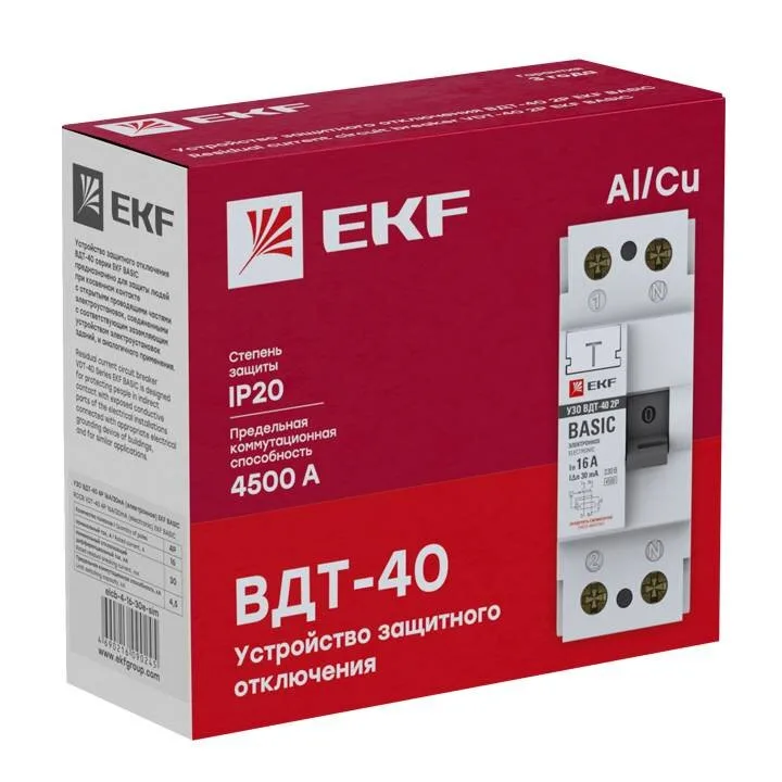 Устройство защитного отключения УЗО ВДТ-40 2P 63А/300мА (электронное) EKF Basic Устройство защитного отключения УЗО ВДТ-40 2P 63А/300мА (электронное) EKF Basic