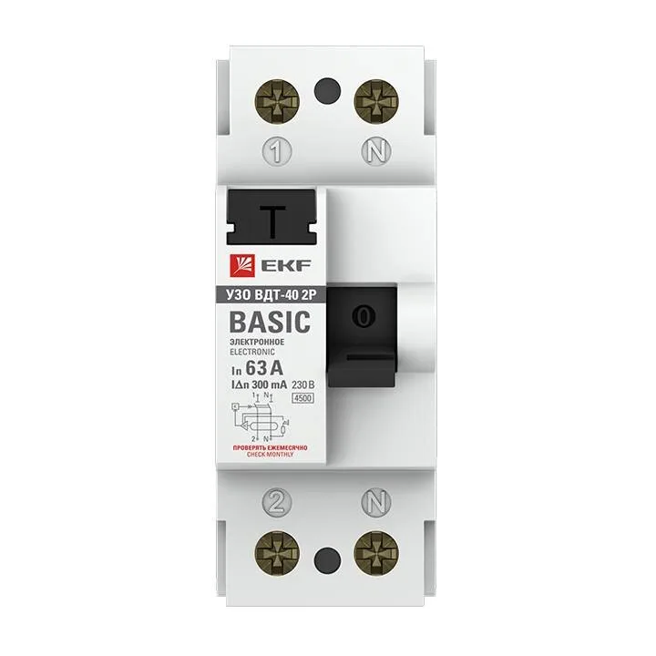 Устройство защитного отключения УЗО ВДТ-40 2P 63А/300мА (электронное) EKF Basic Устройство защитного отключения УЗО ВДТ-40 2P 63А/300мА (электронное) EKF Basic