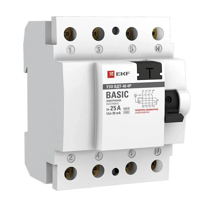 Устройство защитного отключения УЗО 4P 25А/30мА (электронное) EKF Basic Устройство защитного отключения УЗО 4P 25А/30мА (электронное) EKF Basic
