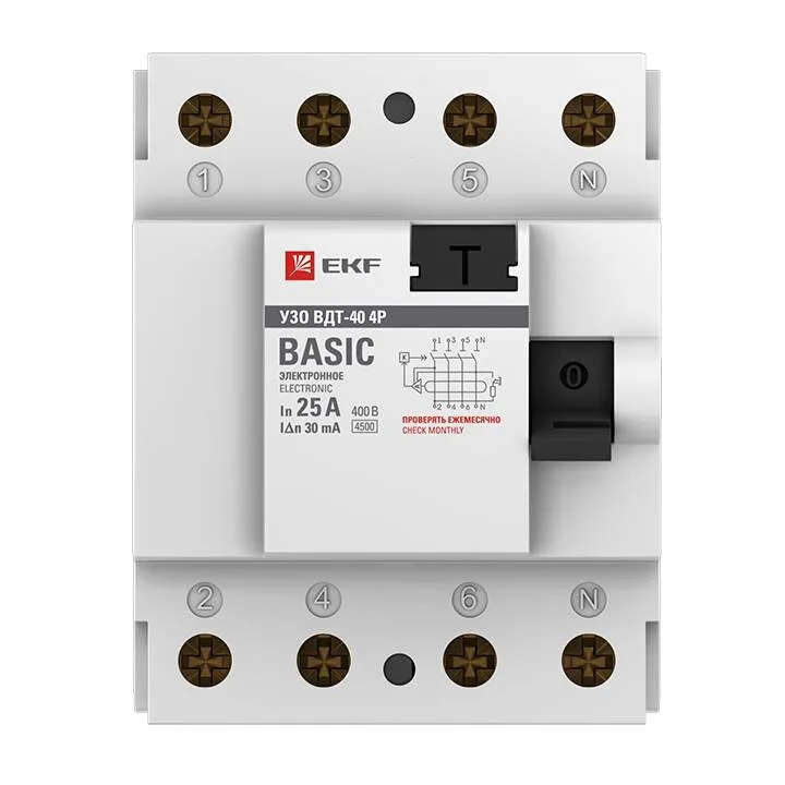 Устройство защитного отключения УЗО 4P 25А/30мА (электронное) EKF Basic Устройство защитного отключения УЗО 4P 25А/30мА (электронное) EKF Basic