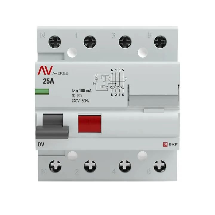 Устройство защитного отключения DV 4P 25А/100мА (S) EKF AVERES Устройство защитного отключения DV 4P 25А/100мА (S) EKF AVERES