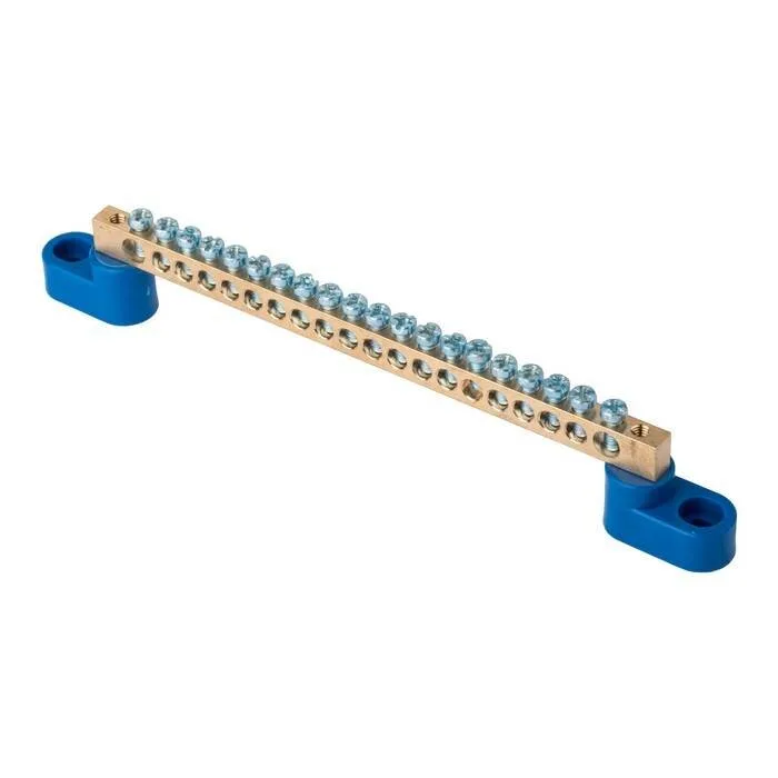 Шина 0 N (6x9мм) 20 отв. латунь 2 синих угловых изолятора розн. стикер EKF