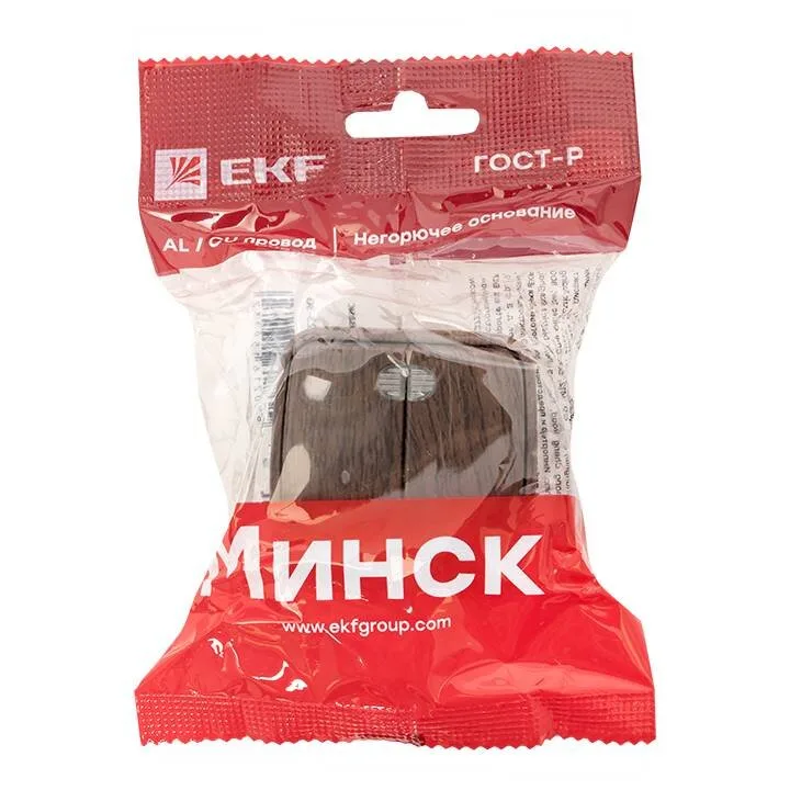 Выключатель 2-клавишный ОП Минск 10А с индикатором тёмное дерево EKF Выключатель 2-клавишный ОП Минск 10А с индикатором тёмное дерево EKF