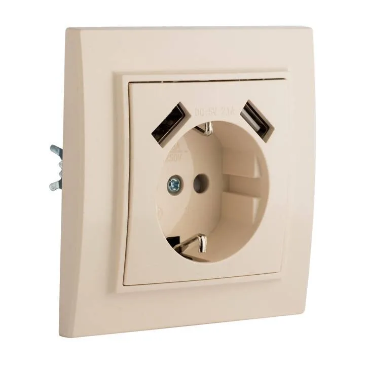 Минск Розетка 1-местная СП с/з 16А бежевая с защ. штор. с 2 USB 2,1А EKF Минск Розетка 1-местная СП с/з 16А бежевая с защ. штор. с 2 USB 2,1А EKF