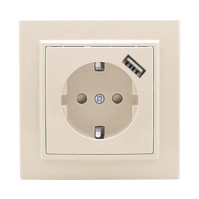 Розетка 1-местная СП с/з Минск 16А бежевая с защ. штор. с USB 1А EKF Розетка 1-местная СП с/з Минск 16А бежевая с защ. штор. с USB 1А EKF