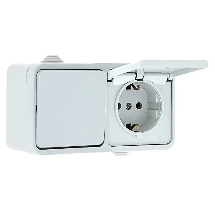 Блок розетка-выключатель 1-кл. 16А с/з с крышкой IP44 белая Прага EKF PROxima
